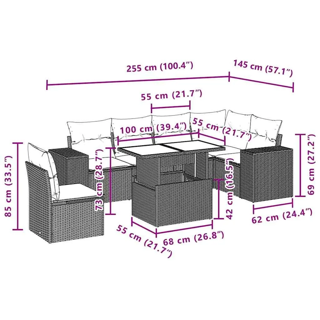Black Poly Rattan Garden Sofa Set 7 Piece with Cushions Adjustable Table