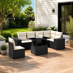7 Piece Garden Sofa Set Outdoor Furniture Black Poly Rattan with Cushions Patio