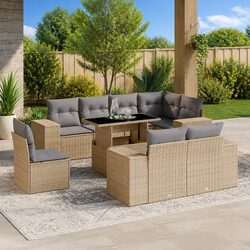 Garden Sofa Set 9 Piece Outdoor Furniture Beige Poly Rattan Patio Lounge with