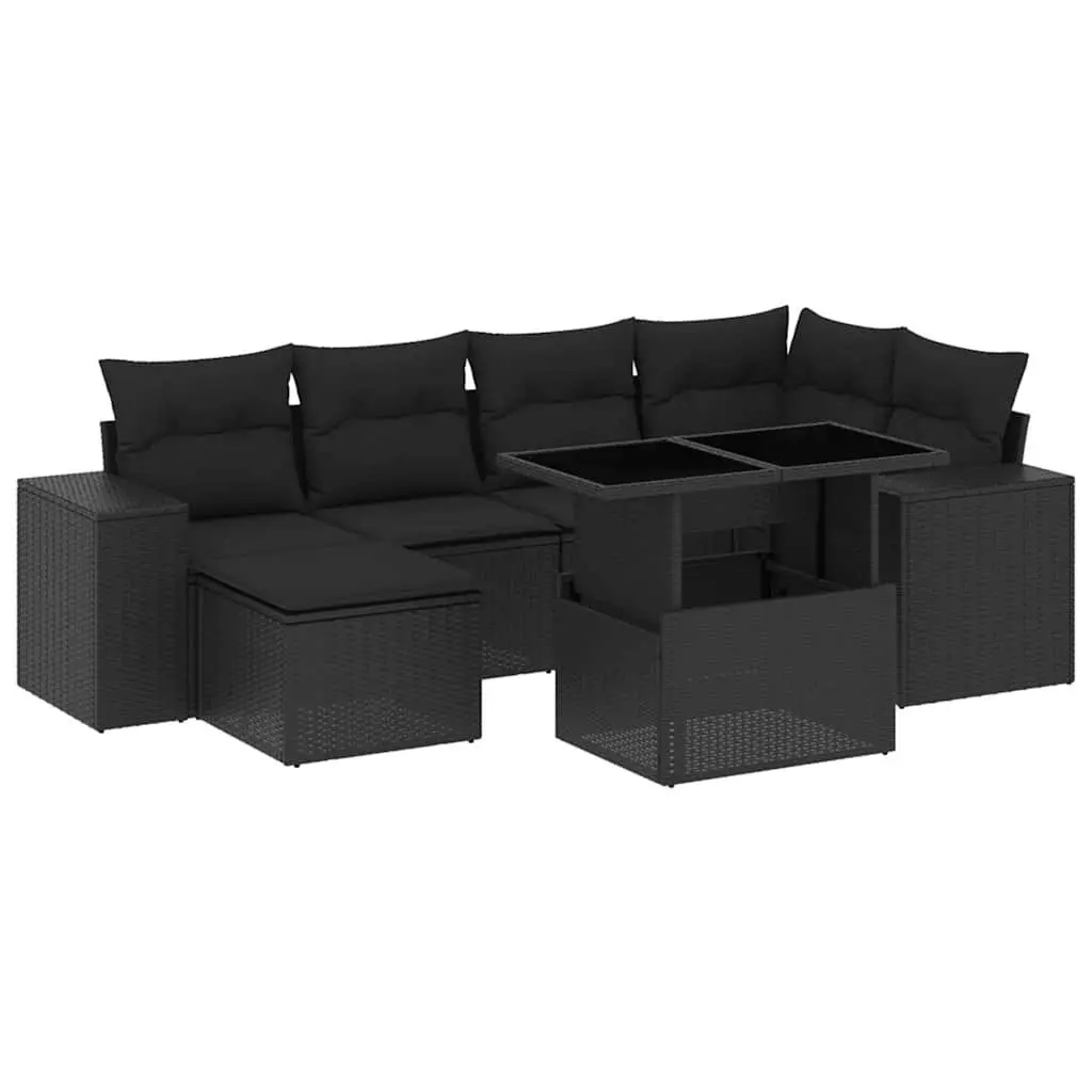7 Piece Modular Outdoor Sofa Set Adjustable Coffee Table Black PE Rattan with Cushions