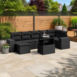 Outdoor Garden Sofa Set 8 Piece Black Poly Rattan Furniture with Cushions Patio
