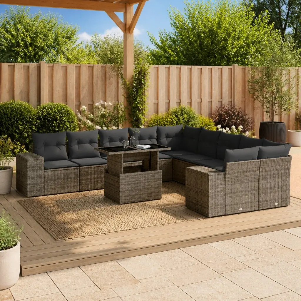 Garden Sofa Set Grey Poly Rattan 11 Piece Outdoor Furniture