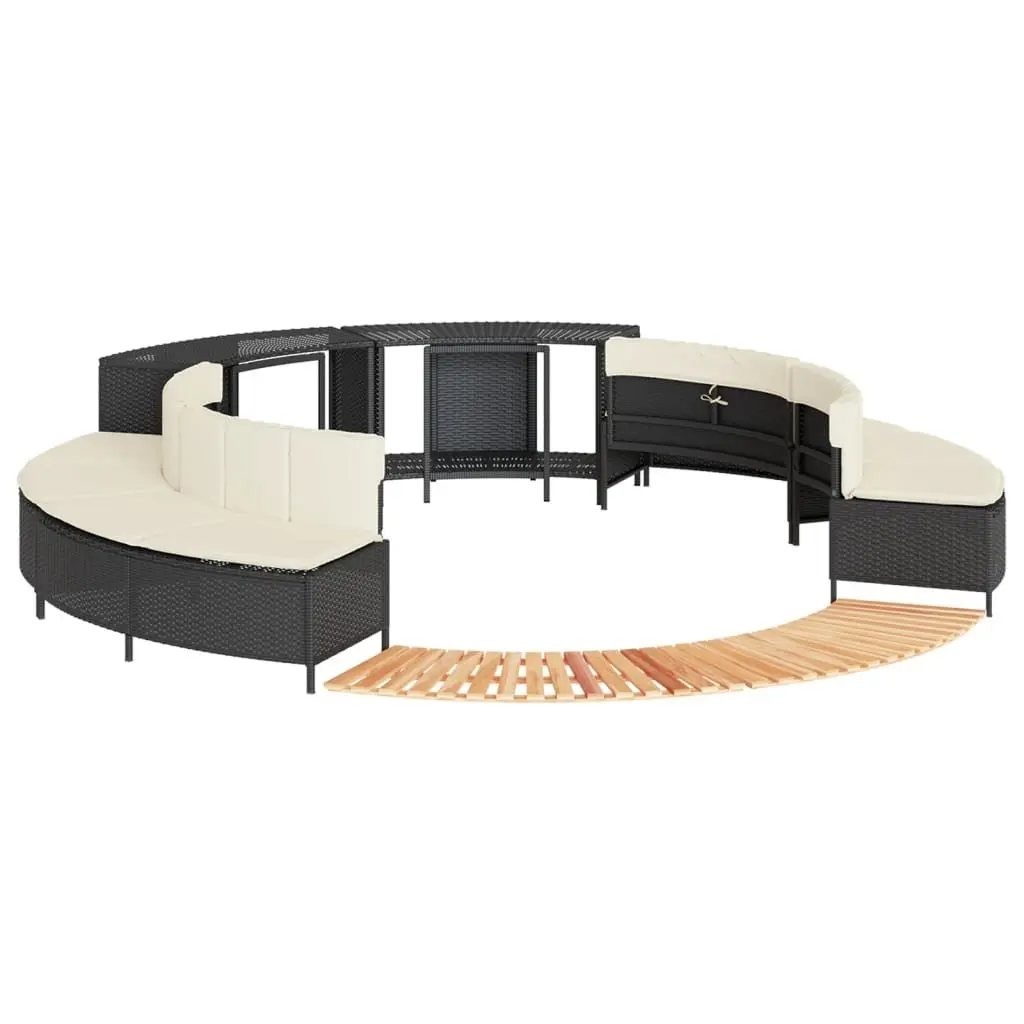 Hot Tub Surround with Storage Bench Seat Black Poly Rattan Acacia Wood Step