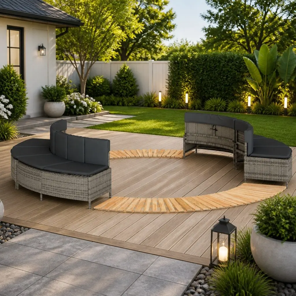 Hot Tub Surround Grey Poly Rattan Wood Acacia Modular Spa Step Cushions