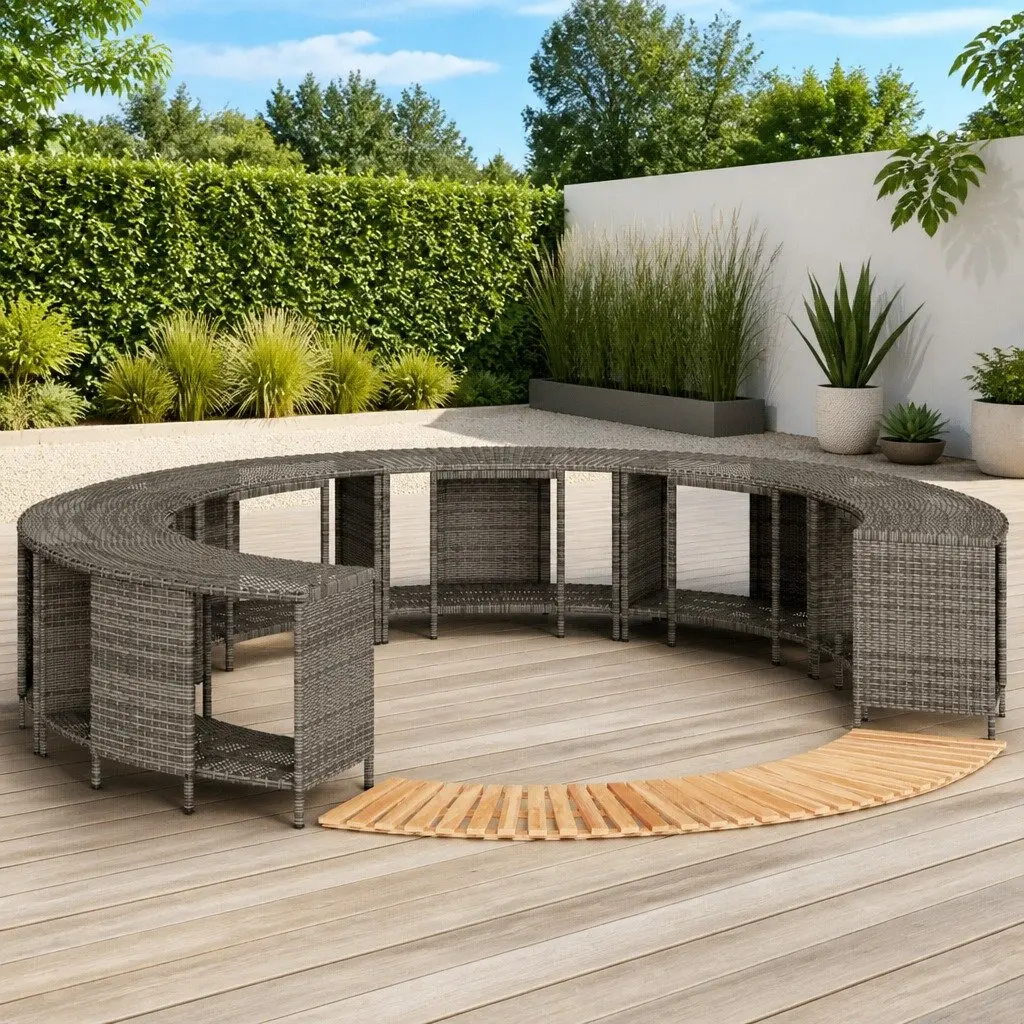 Hot Tub Surround with Storage Step Grey Poly Rattan Outdoor Spa Accessory
