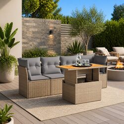 Outdoor Garden Sofa Set 5 Piece Beige Poly Rattan Patio Furniture with Cushions