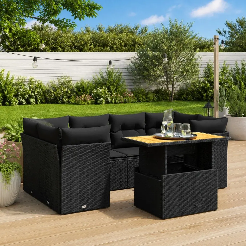 7 Piece Garden Sofa Set Black PE Rattan with Cushions