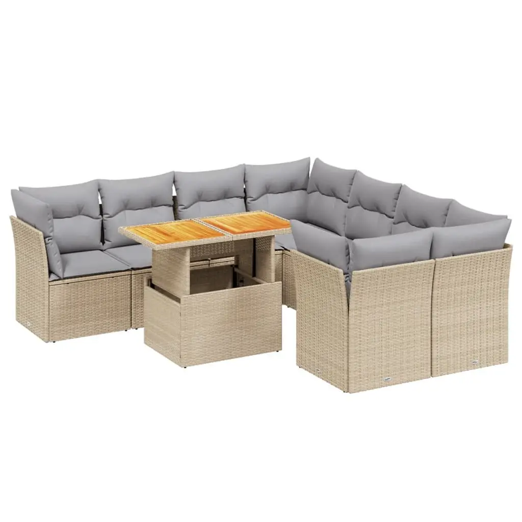 9 Piece Outdoor Garden Sofa Set Beige Poly Rattan Patio Furniture with Cushions