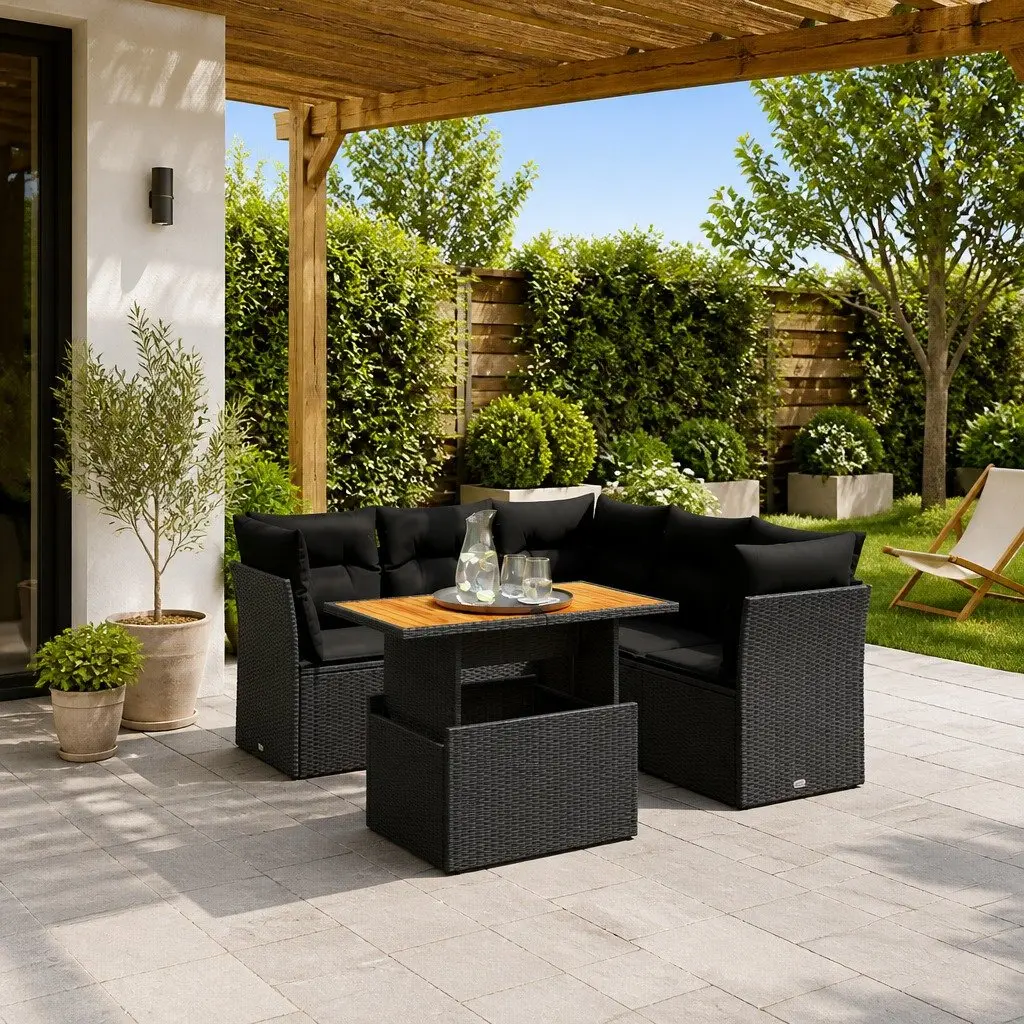 5 Piece Modular Garden Sofa Set with Lift-Top Adjustable Table Black PE Rattan