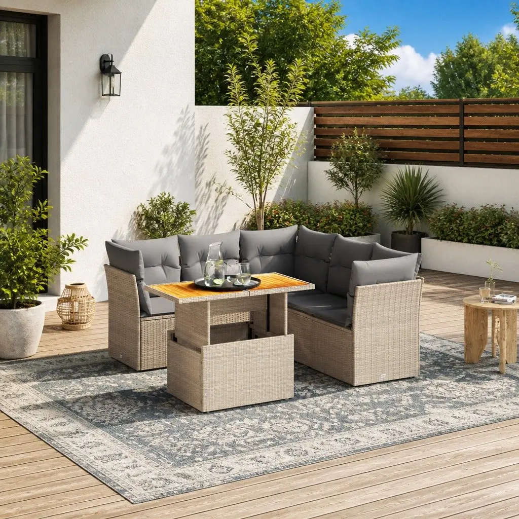Garden Sofa Set 5 Piece Outdoor Furniture Adjustable Table Beige PE Rattan