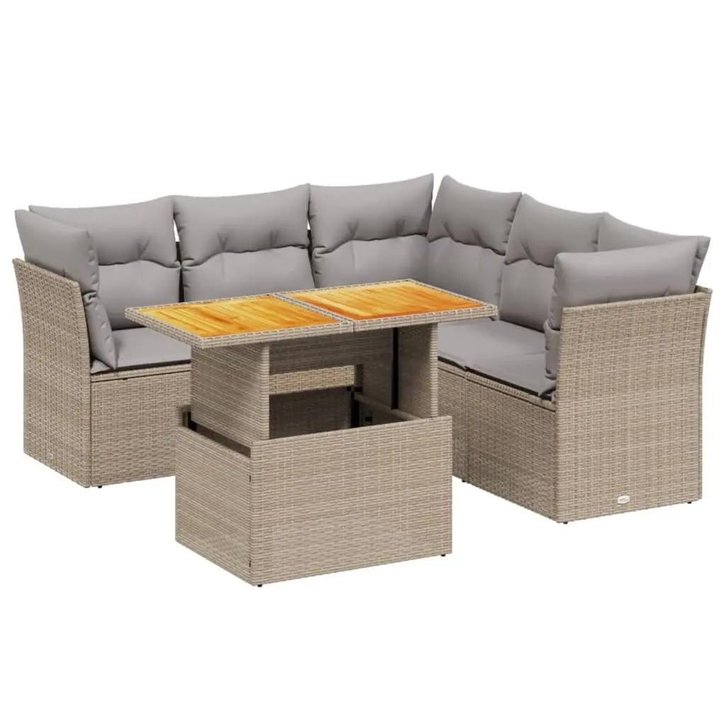 Garden Sofa Set 5 Piece Outdoor Furniture Adjustable Table Beige PE Rattan