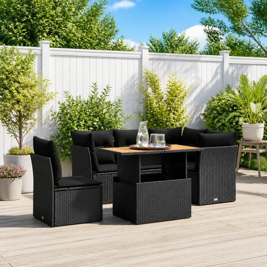 5 Piece Garden Sofa Set Outdoor Furniture Poly Rattan Black Cushions Patio