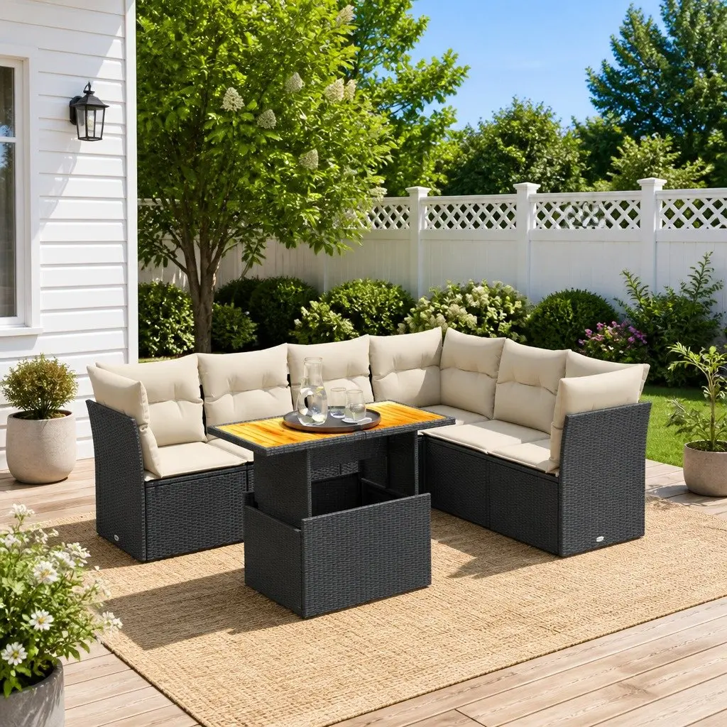 7 Piece Outdoor Modular Sofa Set with Cushions Black PE Rattan for Garden and Patio