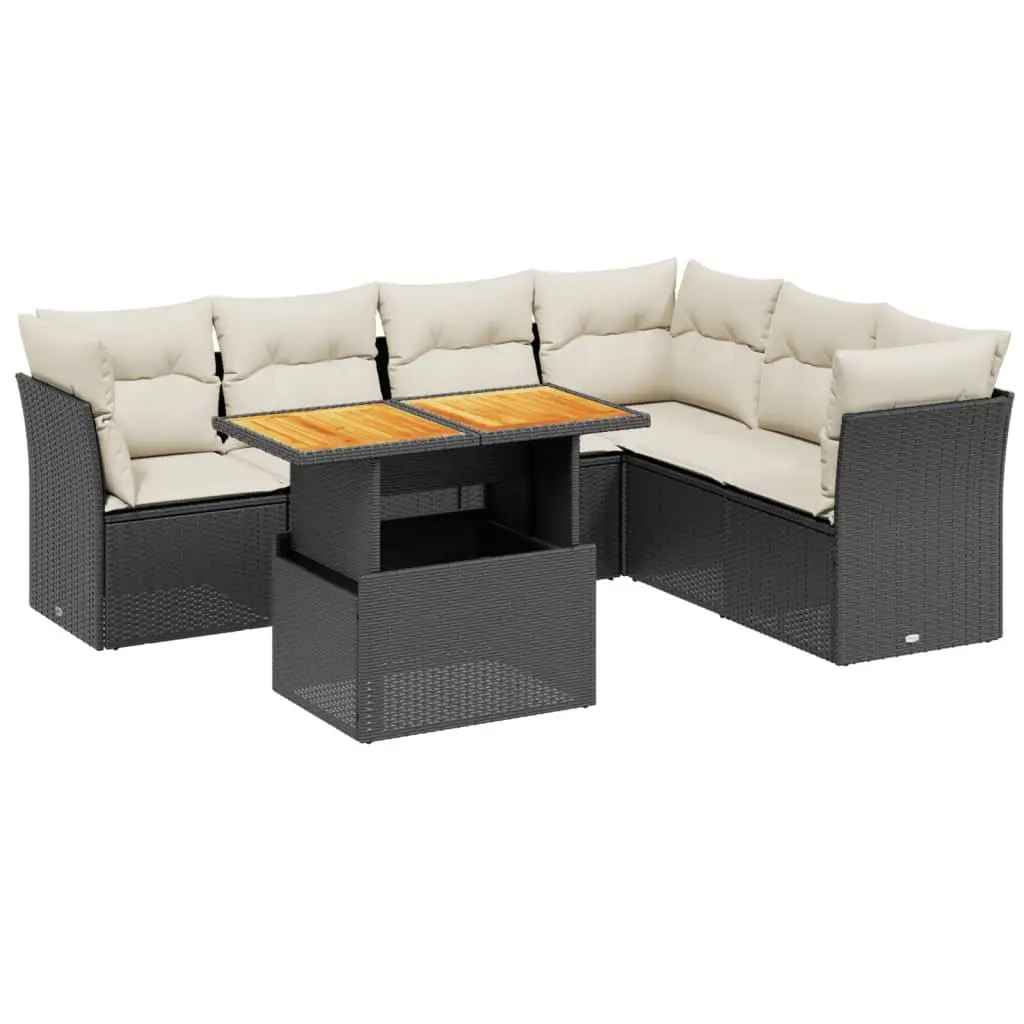 7 Piece Outdoor Modular Sofa Set with Cushions Black PE Rattan for Garden and Patio