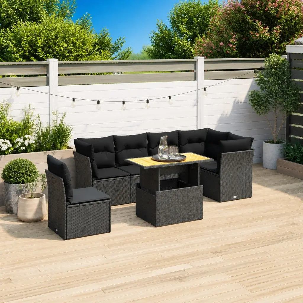 7 Piece Garden Sofa Set Black Poly Rattan with Cushions Adjustable Table