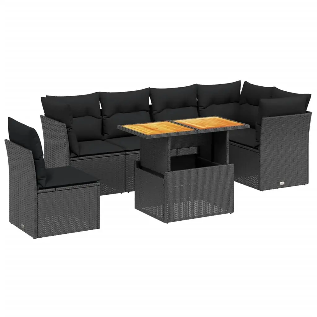 7 Piece Garden Sofa Set Black Poly Rattan with Cushions Adjustable Table