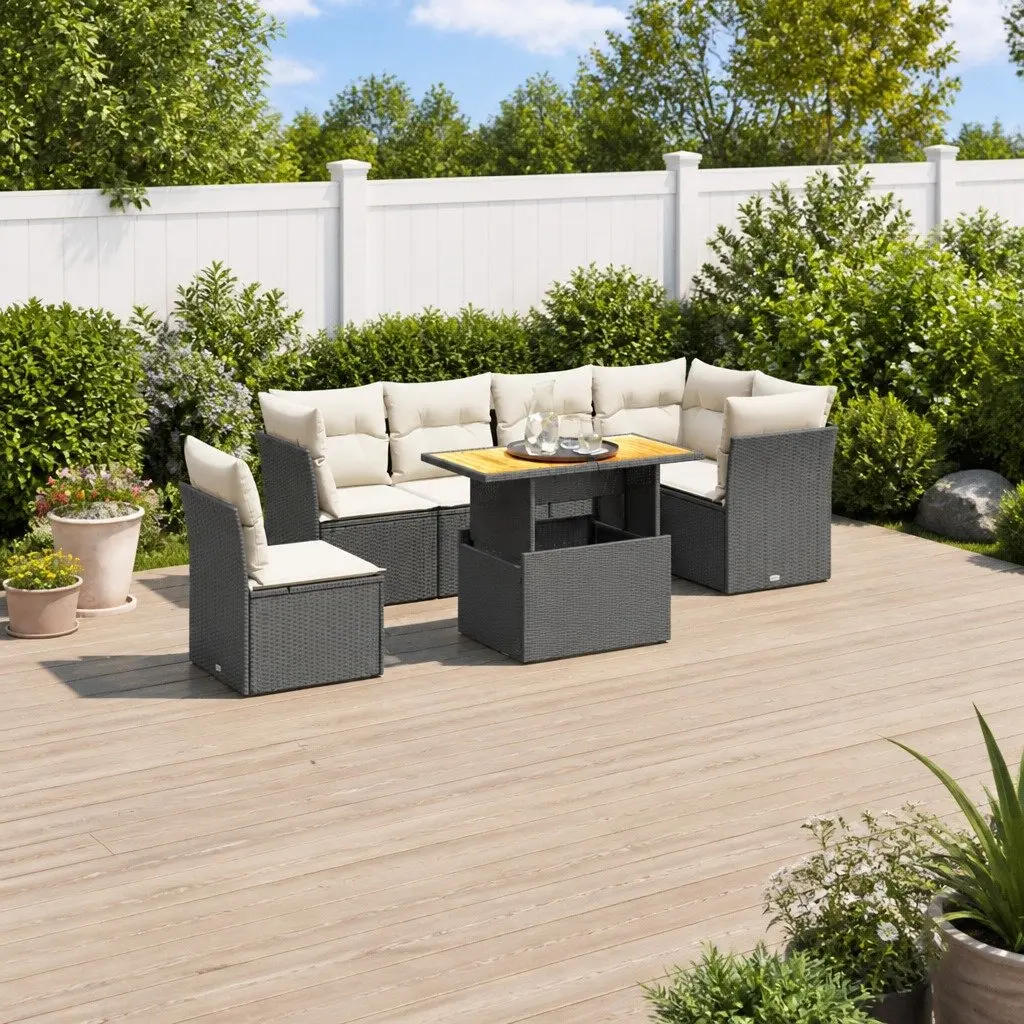 7 Piece Garden Sofa Set Black Poly Rattan Outdoor Patio Furniture with Cushions