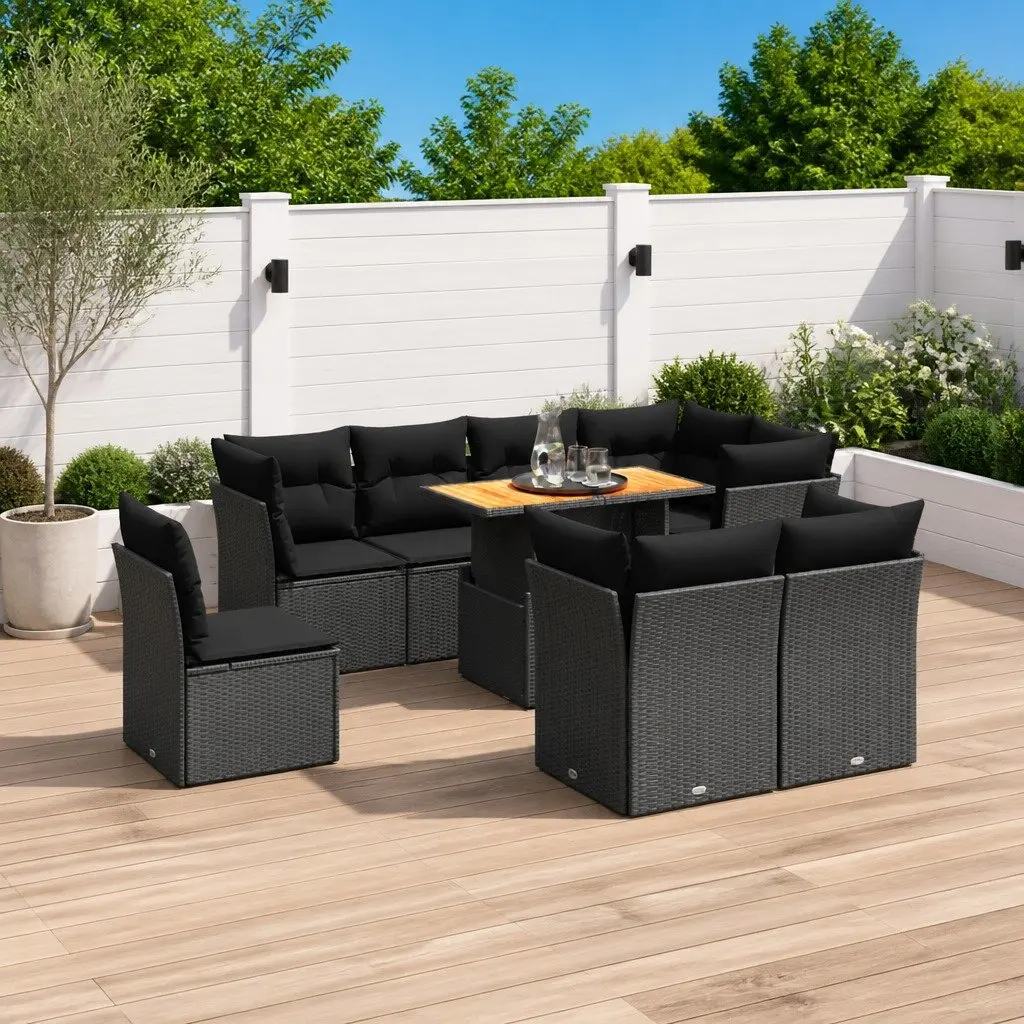 Garden Sofa Set 9 Piece Outdoor Furniture Black Poly Rattan with Cushions Patio