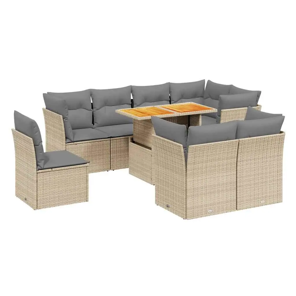 Garden Sofa Set 9 Piece Outdoor Furniture Beige Poly Rattan Patio Lounge with