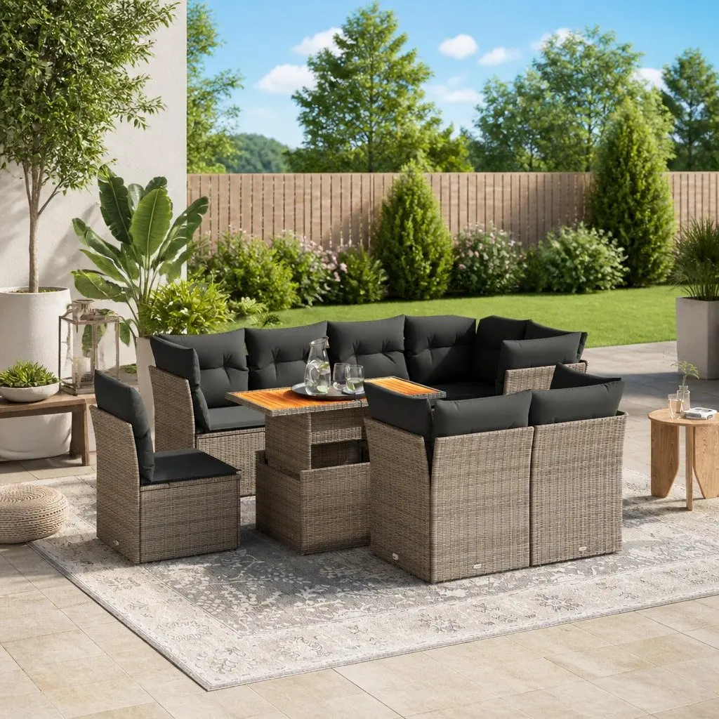 9 Piece Garden Sofa Set Outdoor Patio Furniture Grey PE Rattan with Cushions