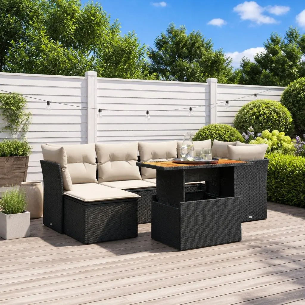 7 Piece Garden Sofa Set Black Poly Rattan Outdoor Furniture with Cushions