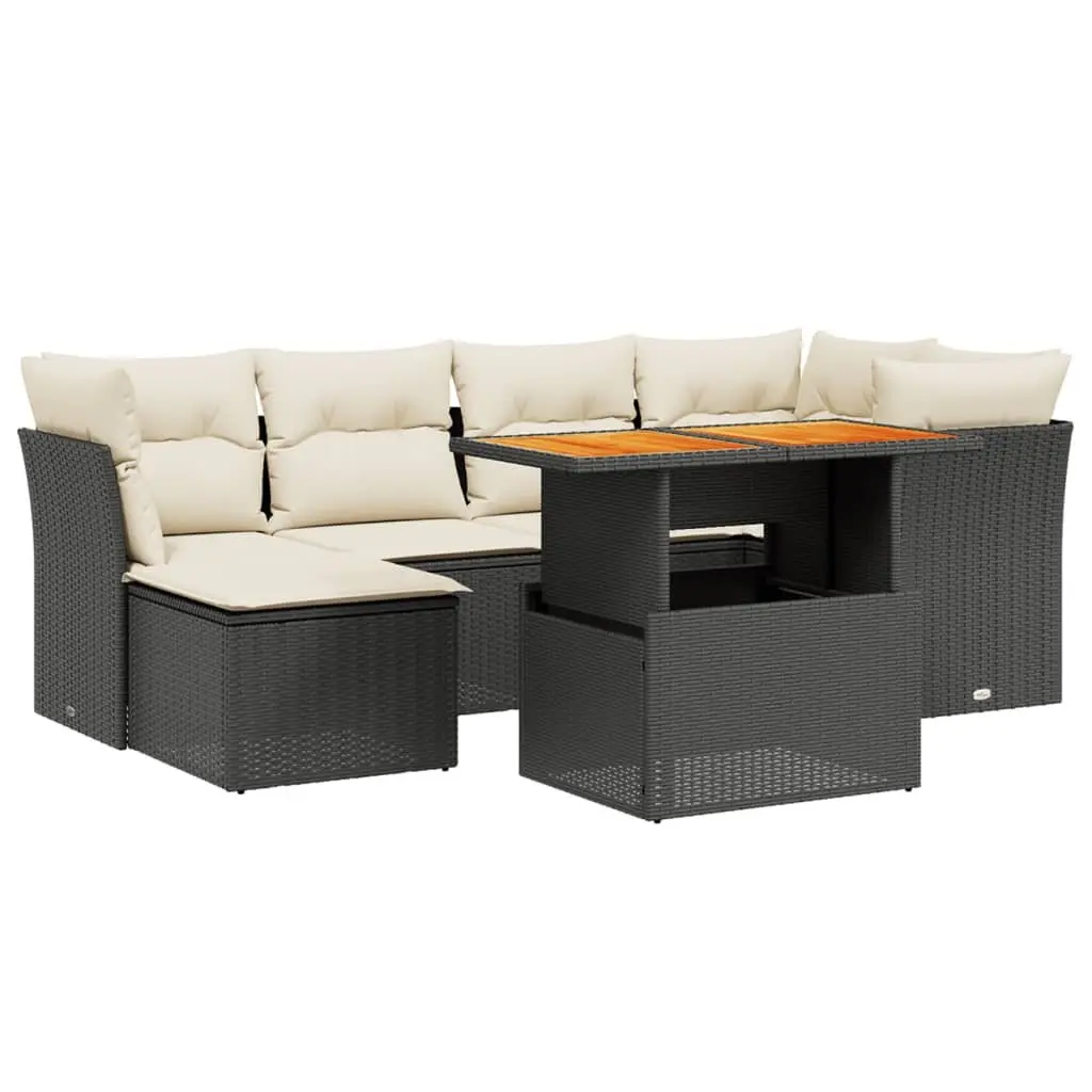 7 Piece Garden Sofa Set Black Poly Rattan Outdoor Furniture with Cushions