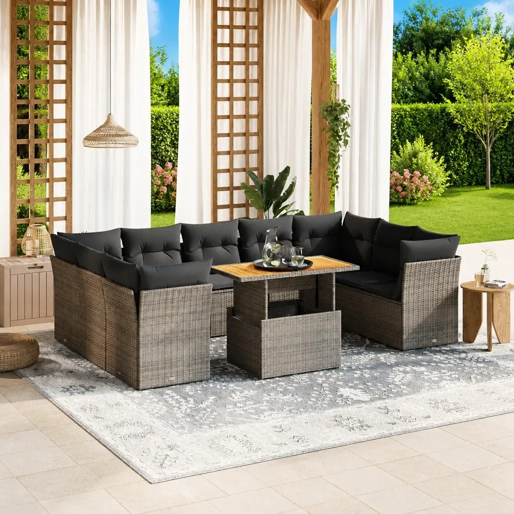10 Piece Modular Garden Sofa Set with Adjustable Tabletop Grey Rattan Outdoor Furniture
