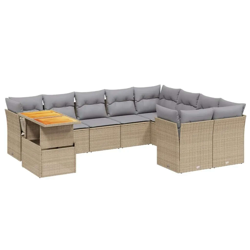 Garden Sofa Set 10 Piece Outdoor Furniture Beige Poly Rattan Patio Seating with