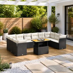 11 Piece Garden Sofa Set with Cushions Black Poly Rattan Outdoor Patio Furniture