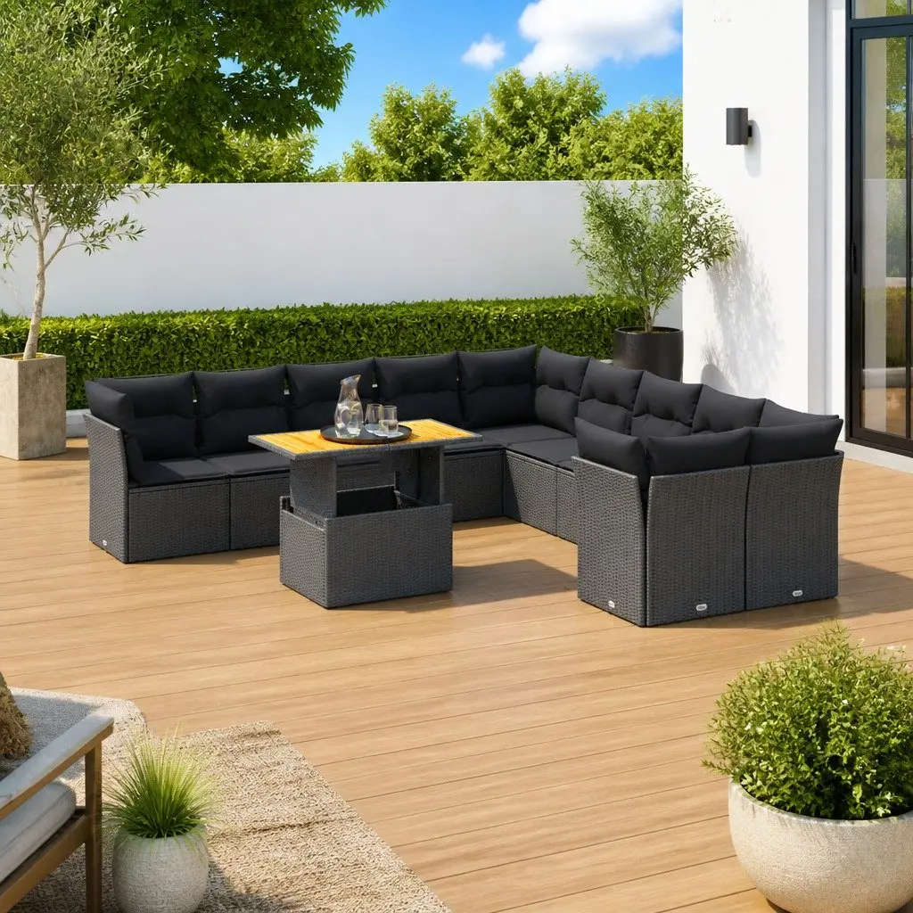 Garden Sofa Set 11 Piece Outdoor Furniture with Cushions Black Poly Rattan Patio