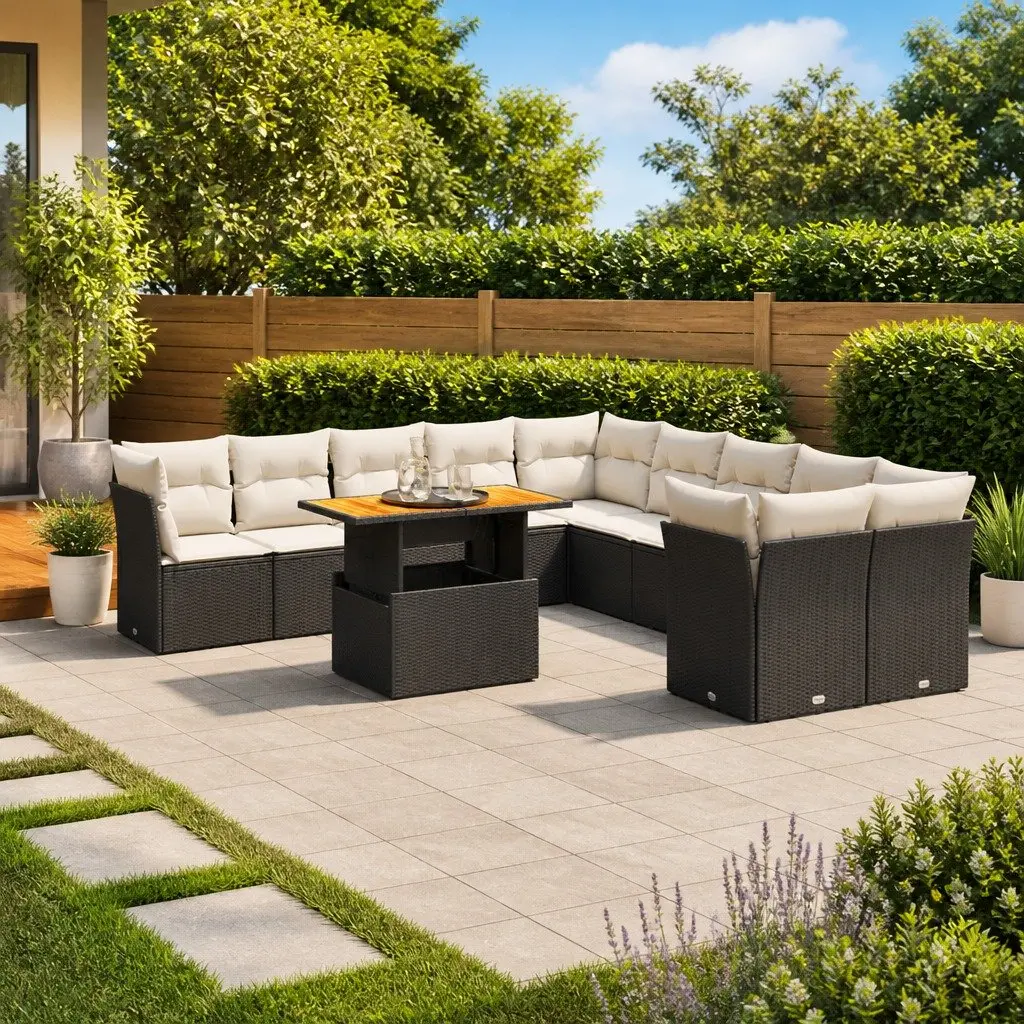 Garden Sofa Set 11 Piece Outdoor Furniture Black Poly Rattan Modular Patio