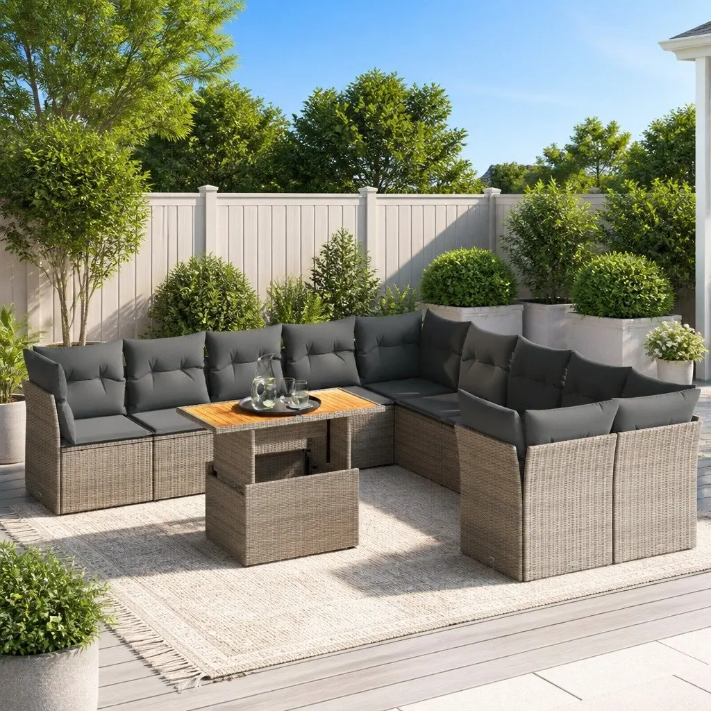 Garden Sofa Set 11 Piece Grey Poly Rattan Outdoor Furniture with Cushions