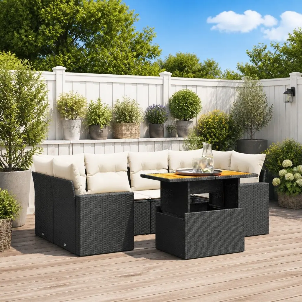 7 Piece Garden Sofa Set Modular Outdoor Furniture Black Poly Rattan with Cushions