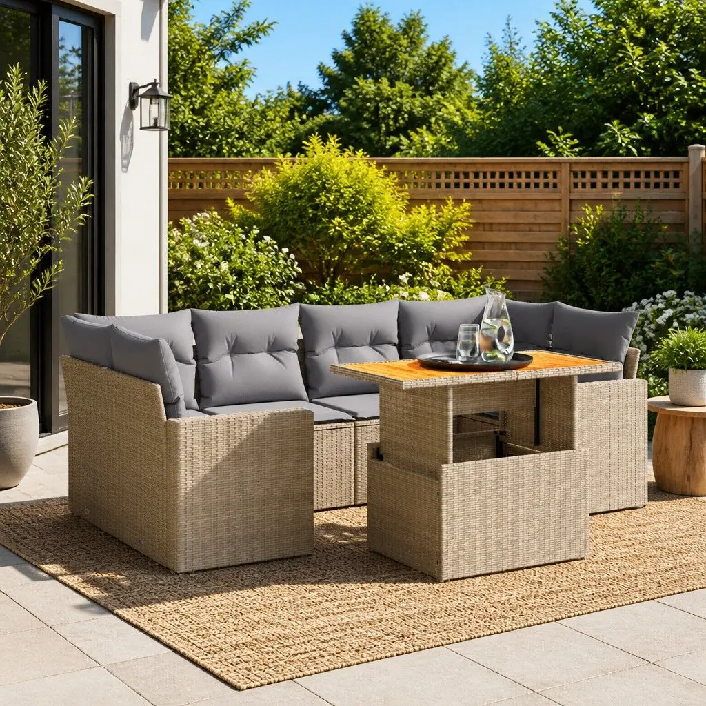 Garden Sofa Set 7 Piece Outdoor Furniture Patio Beige Poly Rattan Modular