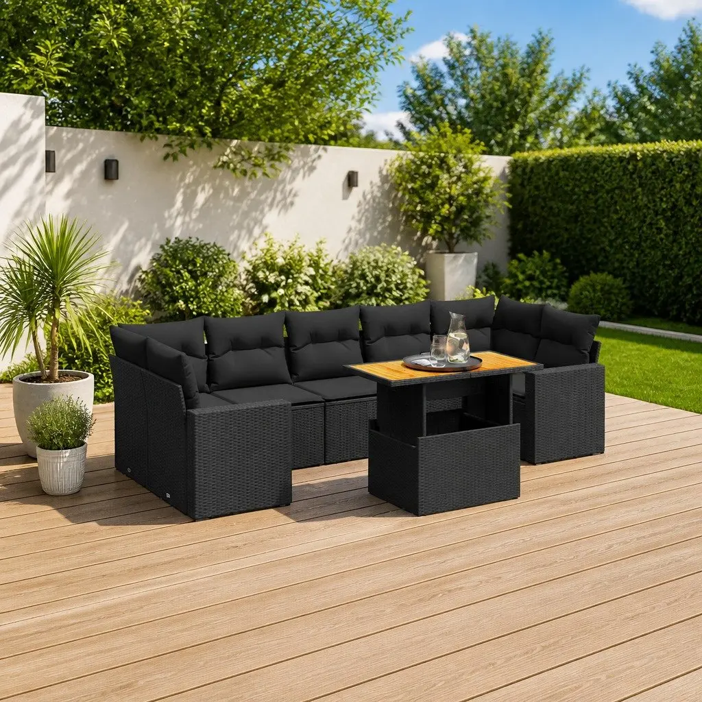 8 Piece Outdoor Furniture Set Modular Garden Sofa Durable Black PE Rattan with Cushions