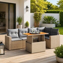 Garden Sofa Set 6 Piece Outdoor Furniture Beige Poly Rattan with Cushions Patio