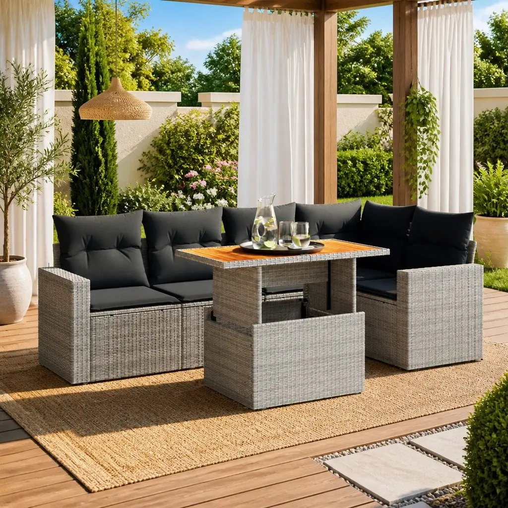 Garden Sofa Set 6 Piece Outdoor Furniture Grey Poly Rattan Adjustable Table
