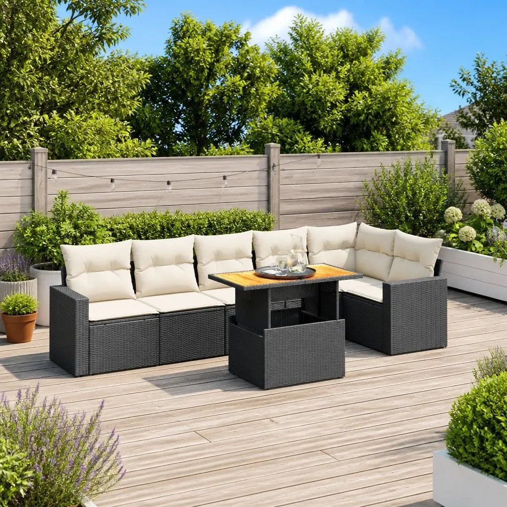 7 Piece Garden Sofa Set Outdoor Furniture Black Poly Rattan with Cushions Patio