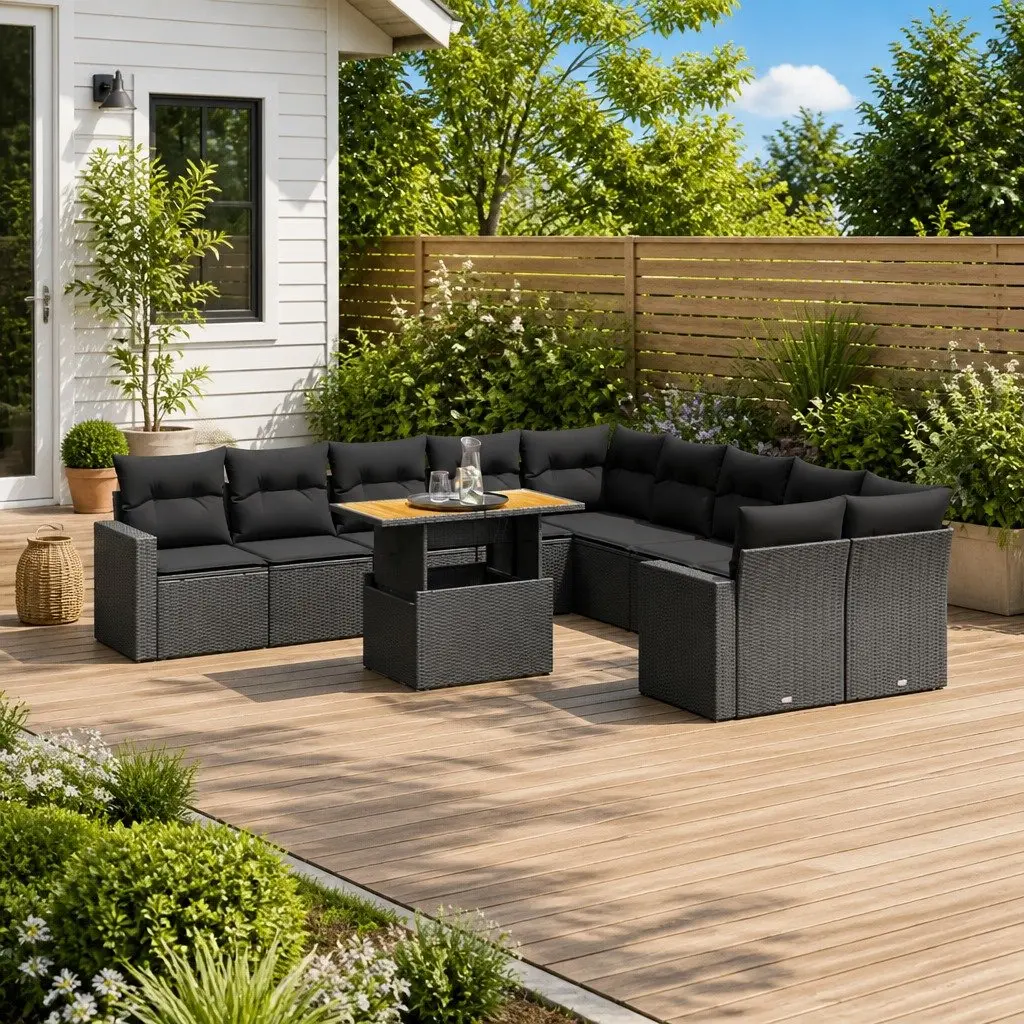 Garden Sofa Set Black Poly Rattan 11 Piece Outdoor Furniture