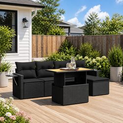 Garden Sofa Set 6 Piece Outdoor Furniture Black Poly Rattan Modular Patio