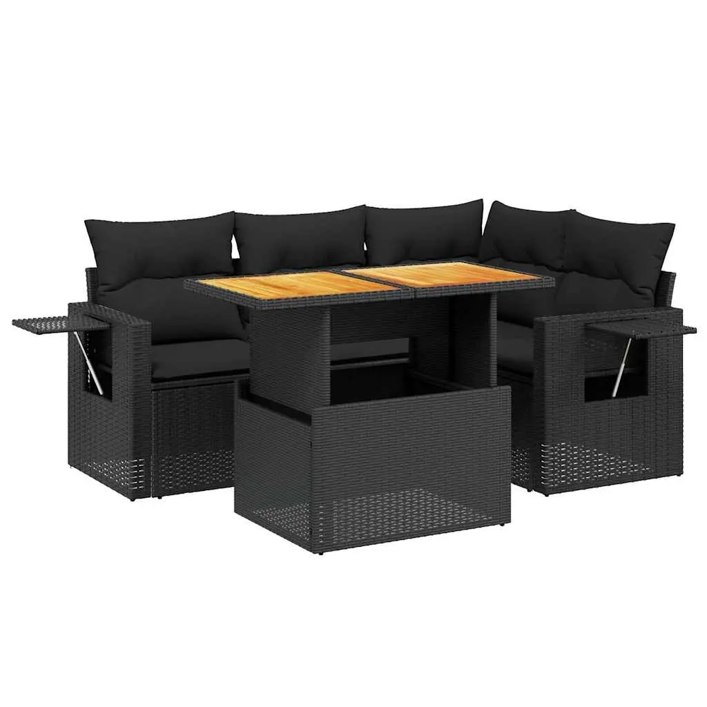 5 Piece Outdoor Garden Sofa Set Black Poly Rattan Adjustable Table
