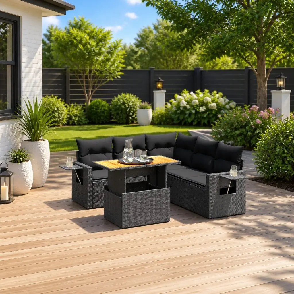 6 Piece Garden Sofa Set Modular Outdoor Patio Furniture Black PE Rattan