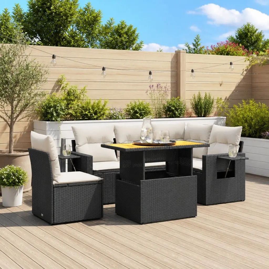 Garden Sofa Set Black Poly Rattan 6 Piece Outdoor Furniture