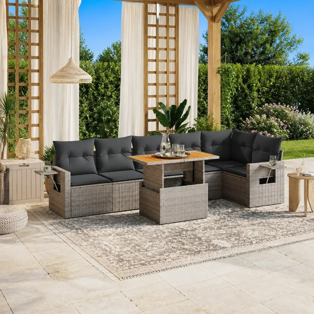Outdoor Furniture Set Modular Grey 7 Piece Poly Rattan Sofa with Cushions and Adjustable Table