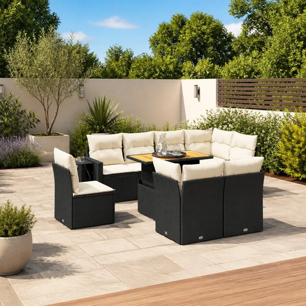 Garden Sofa Set 9 Piece Outdoor Furniture Black Poly Rattan Modular Patio Lounge