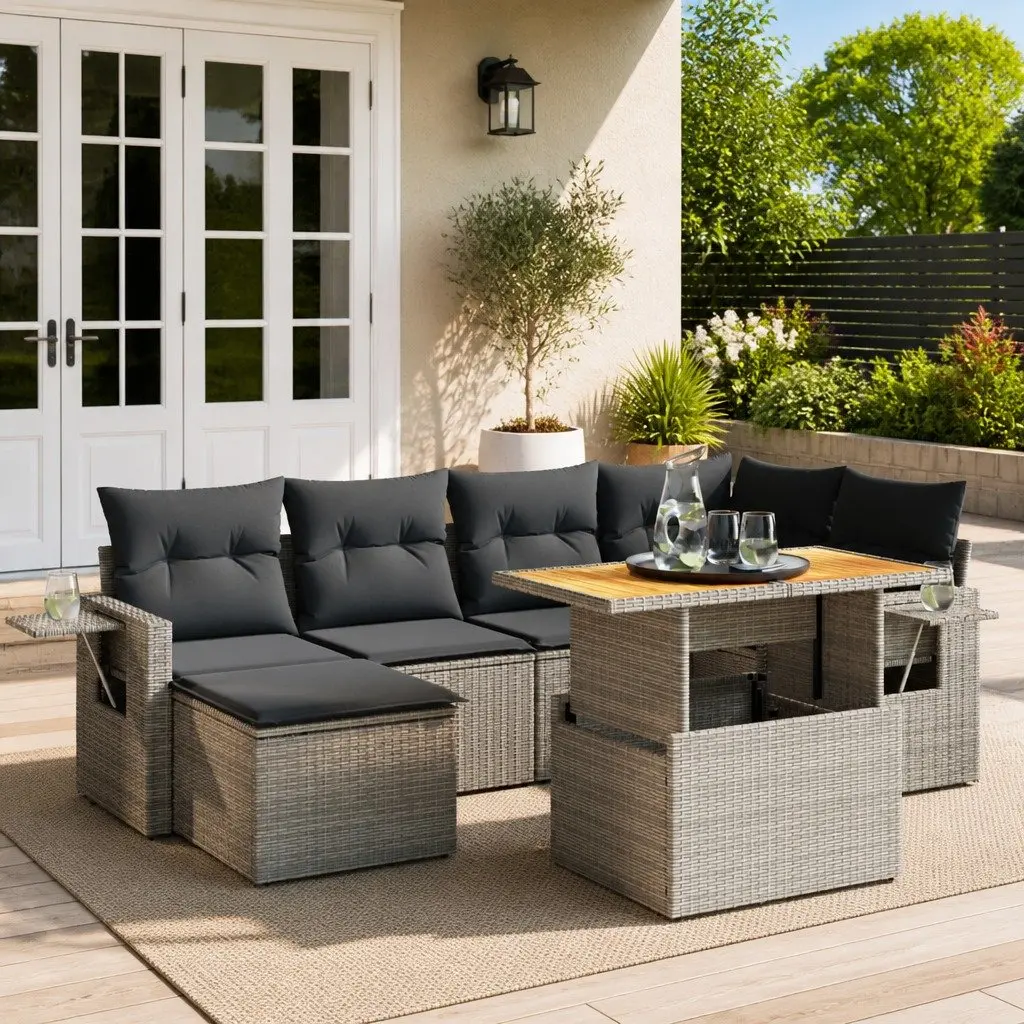 7-Piece Garden Sofa Set in Grey Rattan