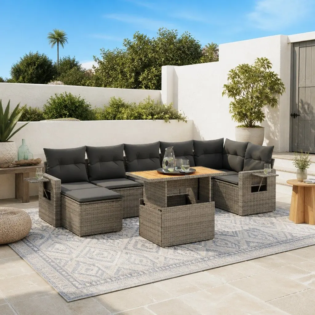 8 Piece Garden Sofa Set Outdoor Furniture Grey Poly Rattan with Cushions Patio