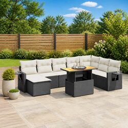 Garden Sofa Set 9 Piece Outdoor Furniture Black Poly Rattan with Cushions Patio