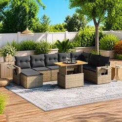 9 Piece Outdoor Garden Sofa Set Grey Poly Rattan Patio Furniture with Cushions