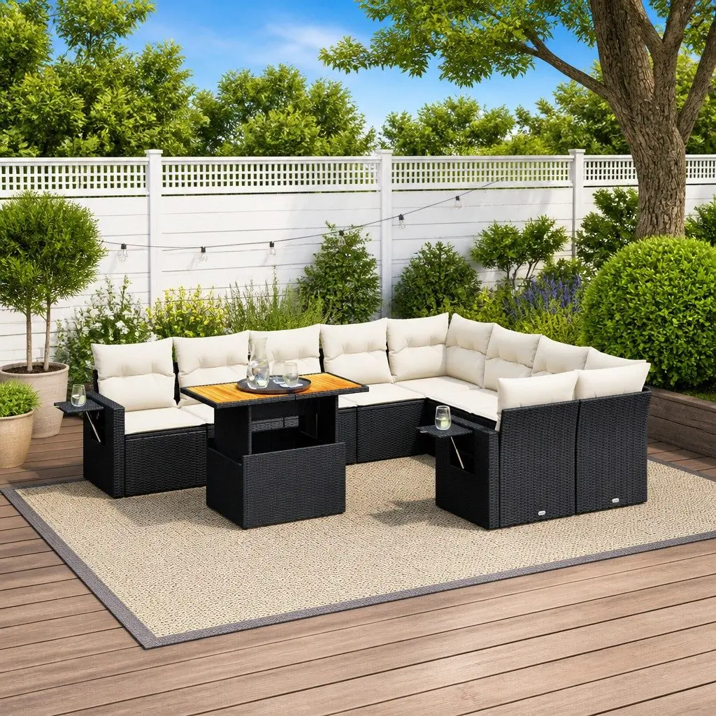 10 Piece Outdoor Modular Sofa Set Black Poly Rattan Patio Furniture